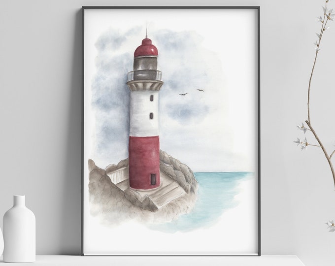 Lighthouse Watercolor Printable Painting, Lighthouse Print Wall Art, Illustration, Living Room Decor, landmark, kids room, travel drawing