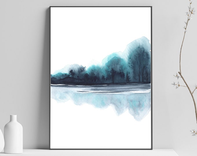 Watercolor Abstract Printable Wall Art Landscape Forest Digital file prints Indigo Blue Forest Print Downloadable Art
