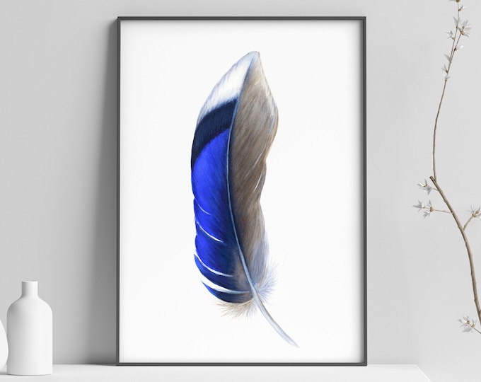 Feather Watercolor Painting JPG & PNG, Feather Print Wall Art, Nature Art, Blue Illustration, Abstract Living Room Decor Feather Wall Art