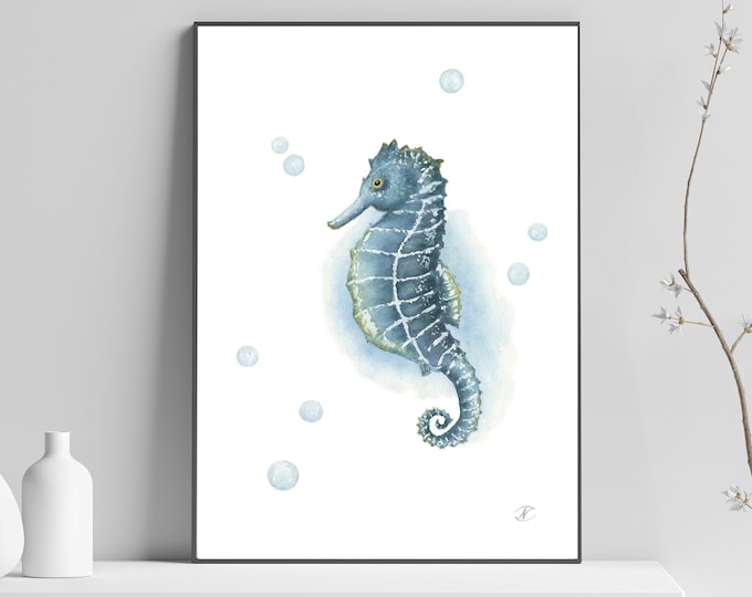 Seahorse Print, Wall Art Watercolor Blue print, Nautical Nursery Home Decor Coastal, Printable Art Ocean Animal Artwork, Nautical Print