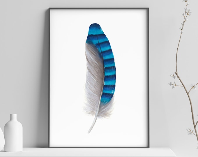 Feather Watercolor Painting JPG & PNG, Feather Print Wall Art, Nature Art, Blue Illustration, Abstract Living Room Decor Feather Wall Art