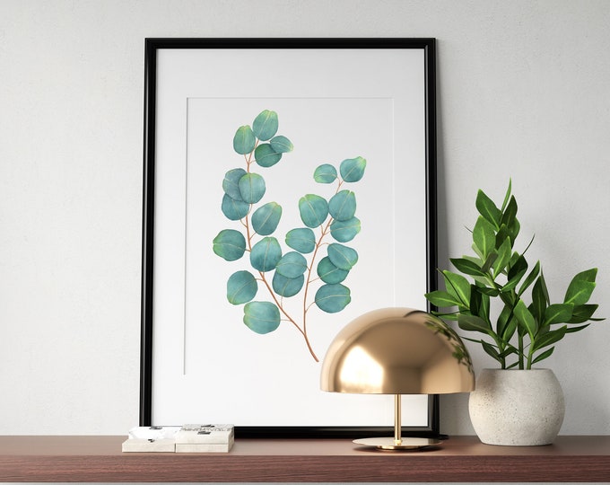 Eucalyptus leaves Watercolor PNG and JPG Printable Wall Art, Eucalyptus Dollar Leaf Printable, Plant Print Wall Decor, Botanical Prints