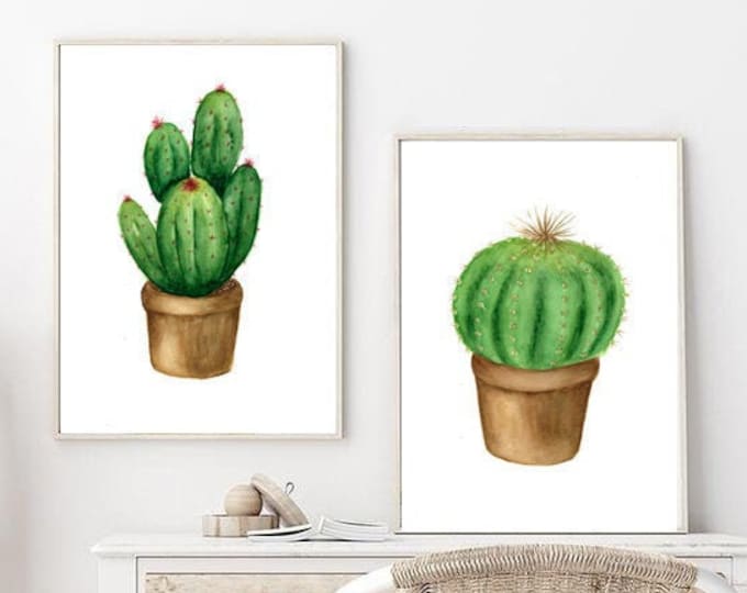 Cactus Painting Exotic Flower, Cactus Wall Decor Prickly Pear Succulent Illustration Cactus Wall Gallery set of 2 Cacti Wall Art Watercolor
