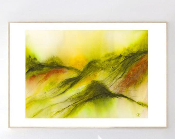 Watercolor Abstract Printable Wall Art Landscape Forest Mountains Digital file print Green Downloadable Art Magic fantasy Horizontal