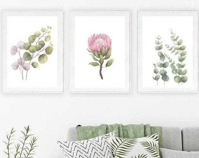 Set of 3 Botanical Wall Art, Printable Watercolor Botanical Print, Floral Print Wall art Decor Gift Eucalyptus leaves Watercolor Protea