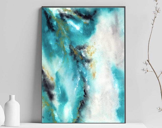 Watercolor Abstract Printable Wall Art Marble Landscape Turquoise Blue Digital file Print Downloadable Art Magic fantasy Vertical