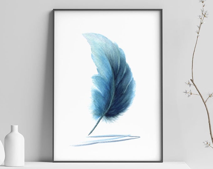 Feather Watercolor Painting JPG & PNG, Feather Print Wall Art, Nature Art, Blue Illustration, Abstract Living Room Decor Feather Wall Art
