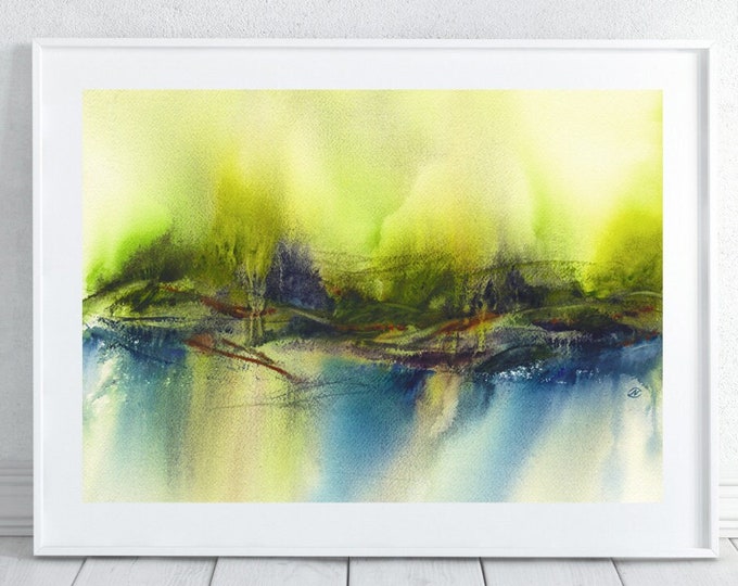 Watercolor Abstract Printable Wall Art Landscape Forest Digital file print Blue Green Purple Downloadable Art Magic fantasy Horizontal
