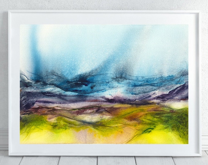Watercolor Abstract Printable Wall Art Landscape Digital file print Blue Purple Green Downloadable Art Magic fantasy Horizontal