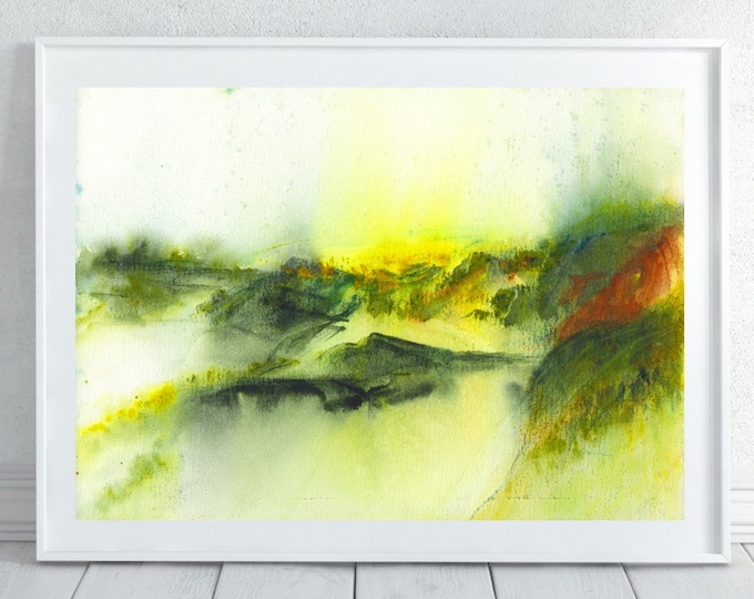 Watercolor Abstract Printable Wall Art Landscape Forest Mountains Digital file print Green Downloadable Art Magic fantasy Horizontal