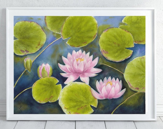 Pink Lily Painting, lilies Watercolor Abstract Printable Wall Art Digital file print Blue Green Downloadable Art Magic fantasy Horizontal