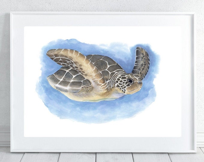 PRINTABLE Sea Turtle Watercolor Wall Art Print, Turtle Painting, Marine Bathroom Decor, Nautical Seaside Beach House Poster INSTANT DOWNLOAD