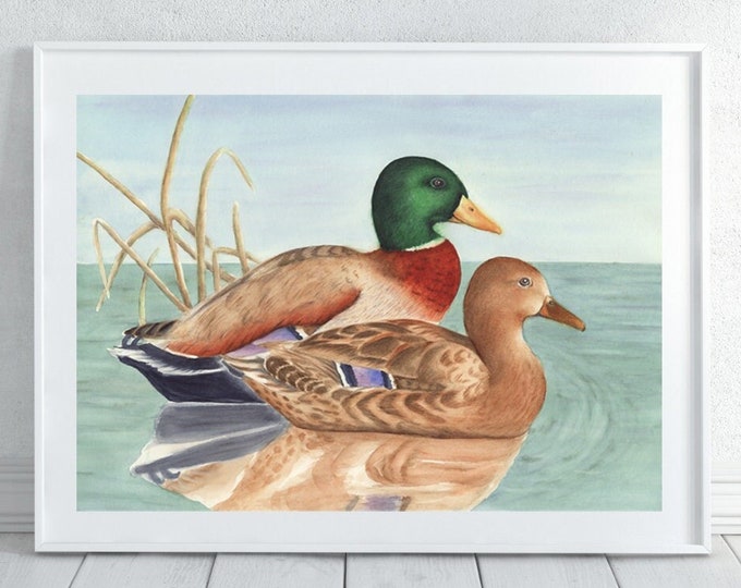 Ducks Watercolor printable print, Printable Bird Art, duck painting gifts, duck wall art, waddling ducks, mallard ducks, wildlife animals