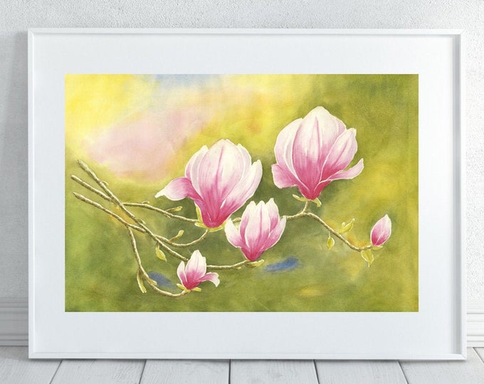 Pink Magnolia Watercolor Printable Wall Art, Original painting Magnolia Botanical floral, Flower Print Illustration Horizontal Wall Poster