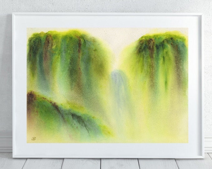 Watercolor Abstract Printable Wall Art Landscape Forest Waterfall Digital file print Green Downloadable Art Magic fantasy Horizontal