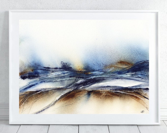 Watercolor Abstract Printable Wall Art Marble Landscape Blue Brown Digital file Print Downloadable Art Magic fantasy  Horizontal