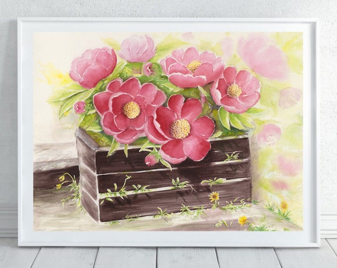 Pink Wildflowers Watercolor Printable Wall Art, Original painting Botanical floral, Flower Print Illustration Horizontal Wall Poster