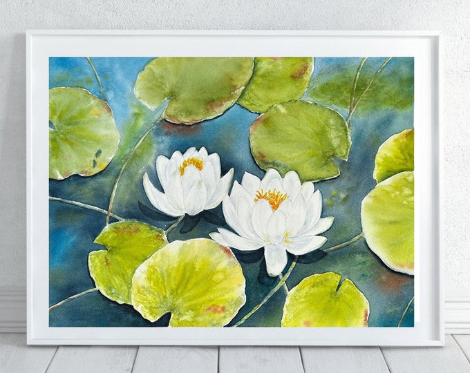 Water Lily Painting, lilies Watercolor Abstract Printable Wall Art Digital file print Blue Green Downloadable Art Magic fantasy Horizontal