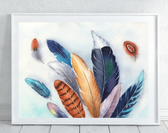 Feathers Watercolor Painting JPG & PNG, Feather Print Wall Art, Purple Blue Black Illustration, Abstract Living Room Decor Feather Wall Art