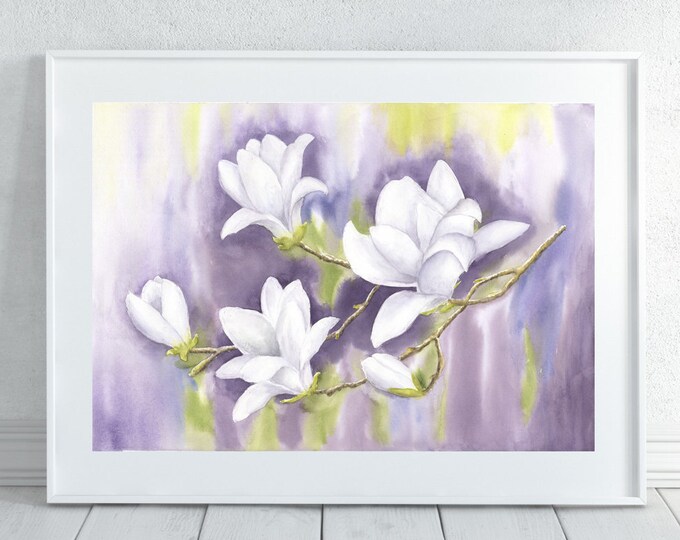 Magnolia Watercolor Printable Wall Art, Original painting White Magnolia Botanical floral, Flower Print Illustration Horizontal Wall Poster