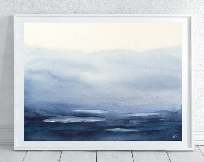 Watercolor Abstract Printable Wall Art Ocean Blue Water Digital file print Blue Downloadable Art Magic fantasy Horizontal