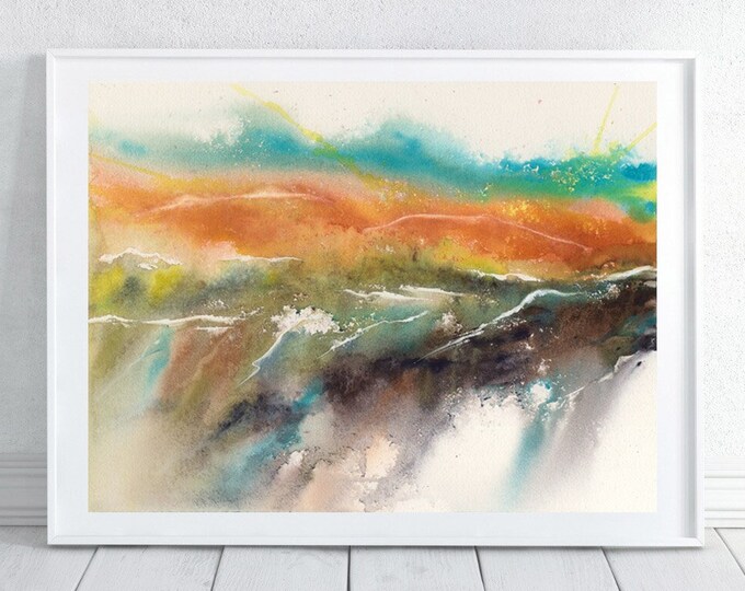 Watercolor Abstract Printable Wall Art Landscape Digital file print Blue Purple Green Downloadable Art Magic fantasy Horizontal