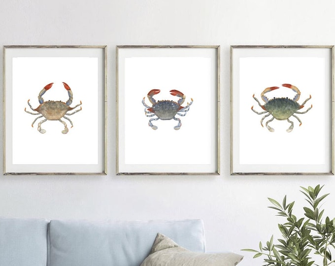 Set of 3 Prints Blue Crabs Watercolor printable Painting Print, Coastal Beach Art, Seaside Decor, Maryland Blue Crab, Printable Wall Art