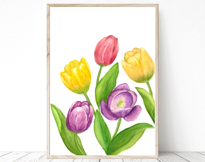 Tulips watercolor Printable Wall Art, Printable Art, Printable flower Art, Digital files prints INSTANT DOWNLOAD