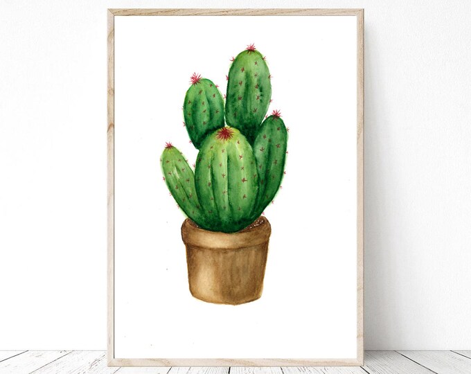 Cactus Painting Exotic Flower, Cactus Wall Decor Prickly Pear Succulent Illustration Cactus Wall Gallery Wall Art Watercolor