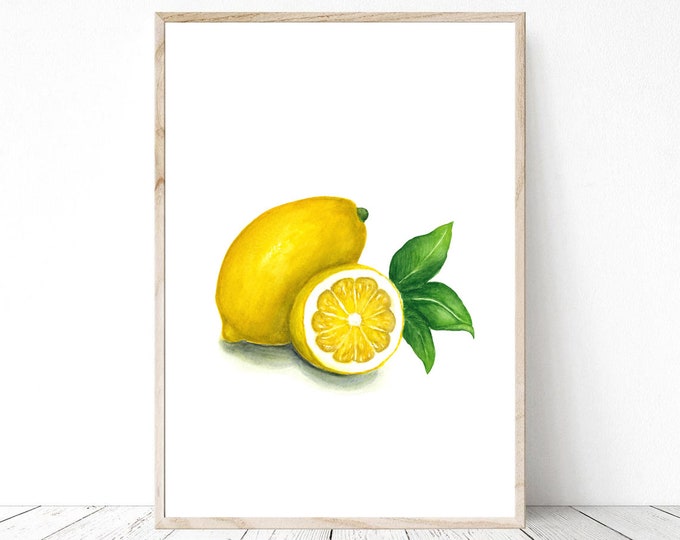 Watercolor Lemon Wall Art, Kitchen Lemon Prints or Canvas, Lemon Kitchen Decor, Watercolor Lemon Printable