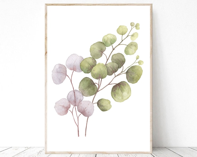 Eucalyptus leaves Watercolor Printable Wall Art JPG and PNG, Eucalyptus Dollar Leaf Printable, Plant Print Wall Decor, Botanical Prints