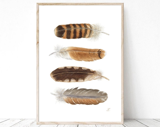 Feathers Watercolor Painting JPG PNG, Feather Print Wall Art Nature Brown Beige Illustration Abstract Living Room Decor Feather Wall Art