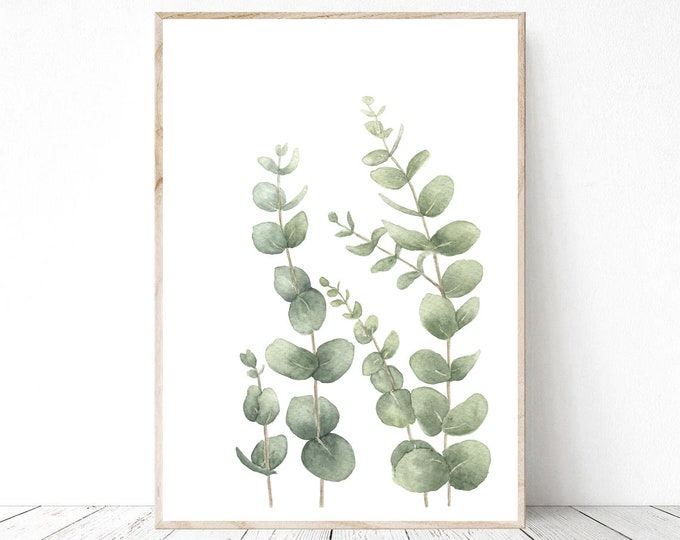 Eucalyptus leaves Watercolor Printable Wall Art JPG and PNG, Eucalyptus Dollar Leaf Printable, Plant Print Wall Decor, Botanical Prints