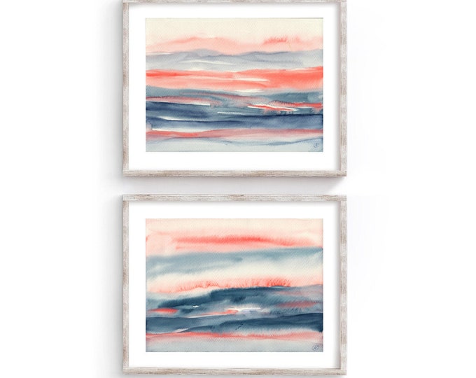 Horizontal Wall Art, Abstract Art, Set of 2, Oversized Painting, Gray Pink Abstract Painting, Contemporary Watercolor Printable Wall Art