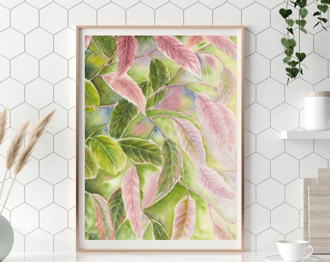 Tropical Leaves Wall Art Printable, Watercolor Abstract Palm Leaves Print, Green Pink leaves wallpaper, Botanical Printable, Home Decor