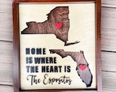 Personalized home is where the heart is two states wood sign, long distance gift, new state moving gift, two states home sign, farewell gift