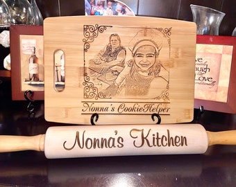 Personalized etched photo engraved bamboo cutting board, Unique Gift for Mom, Grandma, Nonna, Nana, and Abuela. Custom portrait chop board