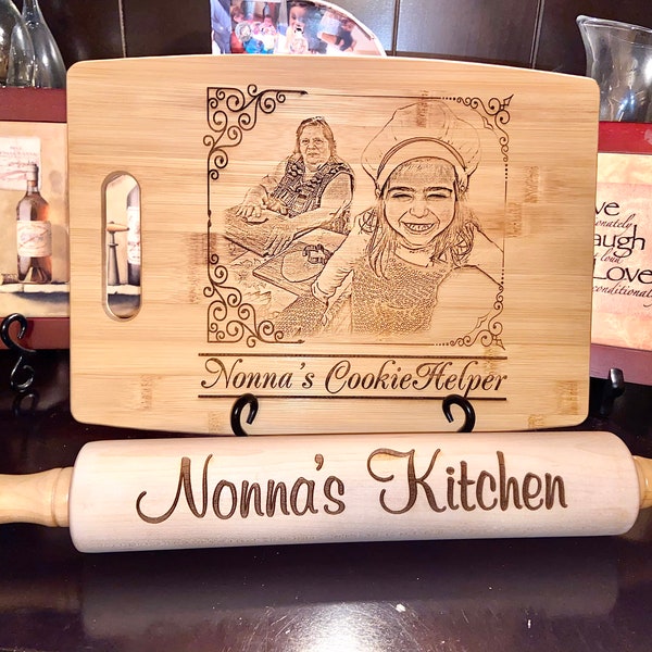 Personalized etched photo engraved bamboo cutting board, Unique Gift for Mom, Grandma, Nonna, Nana, and Abuela. Custom portrait chop board