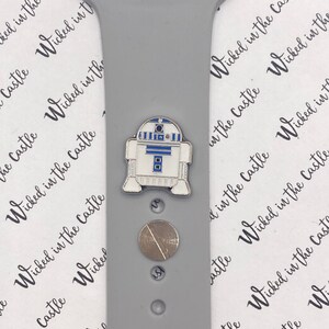 May include: A gray Apple Watch band with a silver R2-D2 character charm and a silver coin charm.
