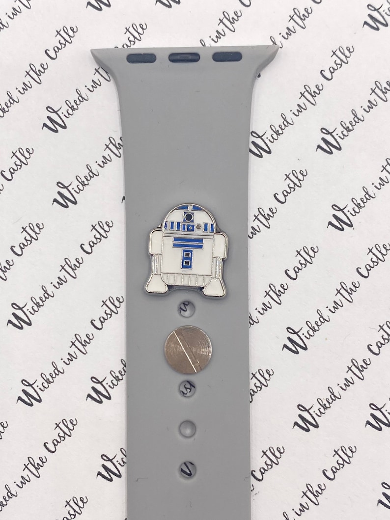 May include: A gray Apple Watch band with a silver R2-D2 character charm and a silver coin charm.