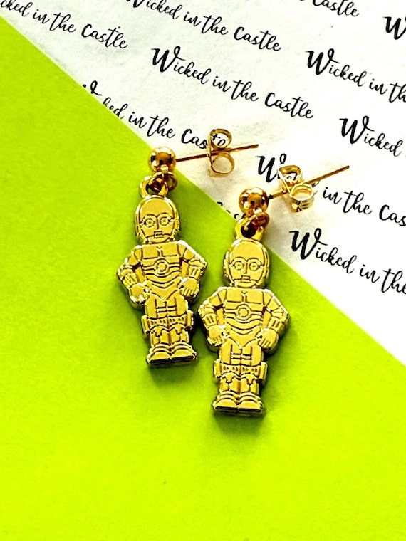 C3P0 , (Pair) Studs, dangle and clip ons earrings hard enamel silver plating