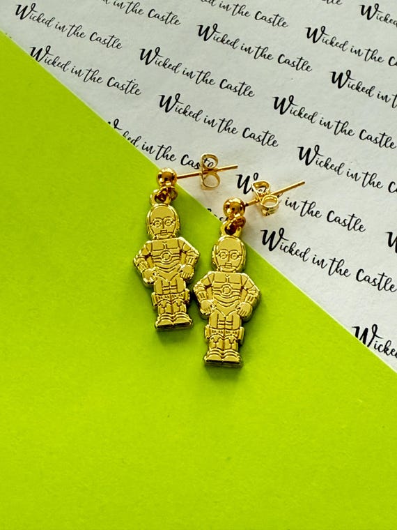 C3P0 , (Pair) Studs, dangle and clip ons earrings hard enamel silver plating