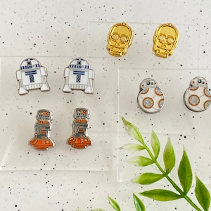 R2, BB8 (Pair) Robots earrings, Stud earrings, enamel gold plating