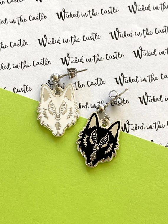 Wolf , Stud Earrings, hard enamel silver plating