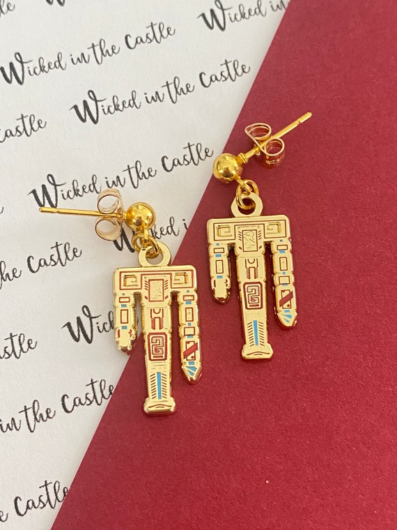 Family totem, dangle  Earrings, hard enamel gold plating