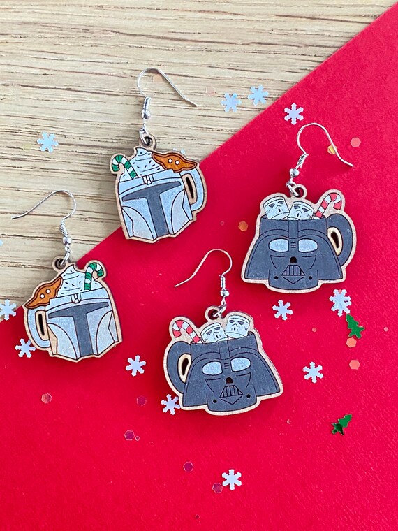 Darth and Din hot cocoa earrings , hand painted, limited edition