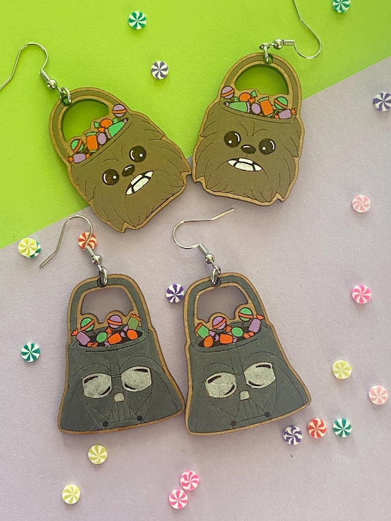 Halloween Darth V and Chewie and BB candy bag earrings, hand painted, limited edition