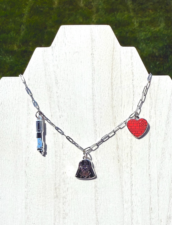 Dark V, Fun Geek Necklace | Stainless Steel Chain with Brass Charms | Nerdy Gift | Everyday Fandom Jewelry