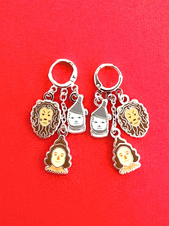 Tin Man, Lion & Scarecrow Hoop Earrings – Hard Enamel Wizard Friends Jewelry
