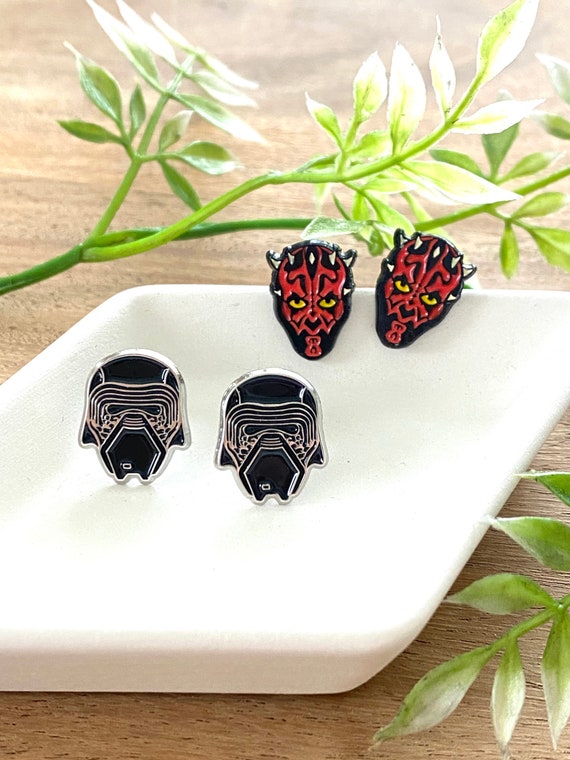 Dark side helmet earrings, Stud Earrings, hard enamel silver plating, Christmas gift